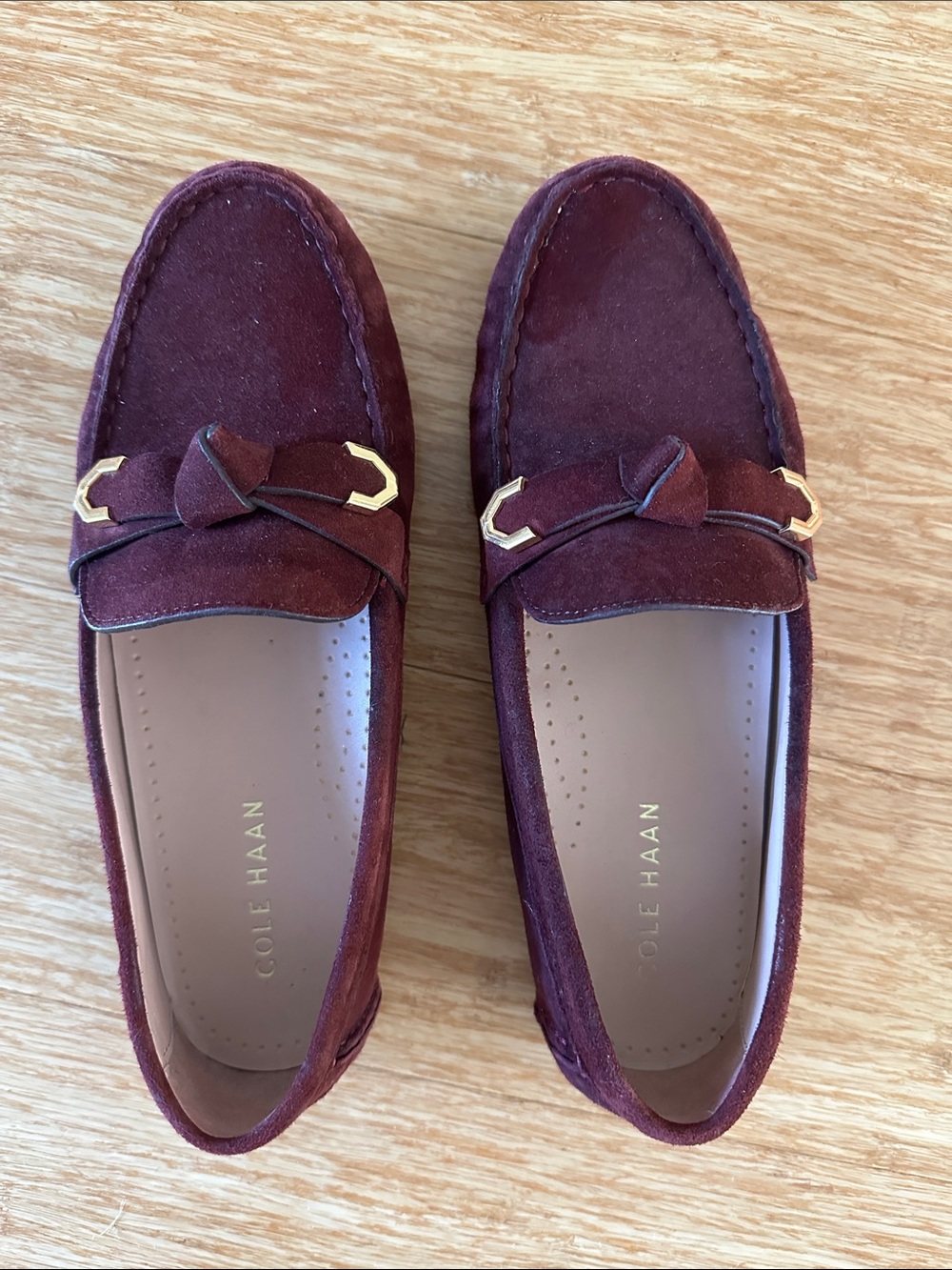 Cole Haan Wine Suede Penny Loafers with Gold Accents